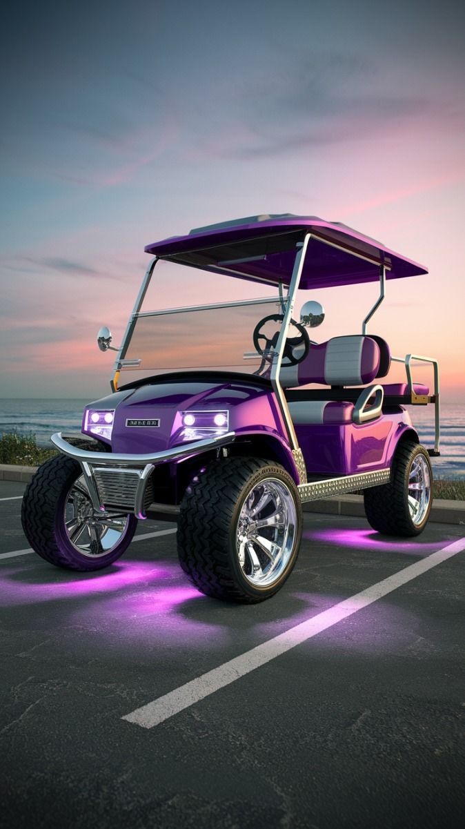 Silhouette of a golf cart at sunset on a golf course; orange and yellow sky.