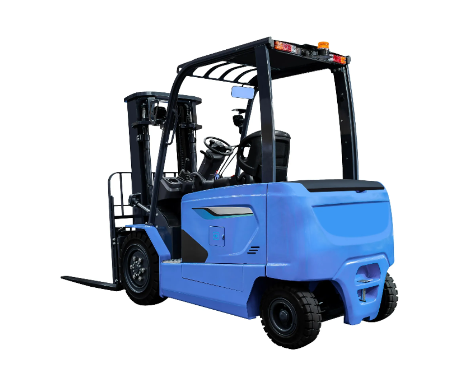 Person holding a teal power drill with a lit light. Orange hard hat and rope visible.