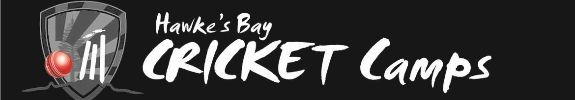 Hawke's Bay Cricket Camps logo with a cricket ball and text on a black background.