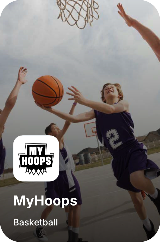 Basketball players reach for a ball near a hoop; MyHoops app logo in the corner.