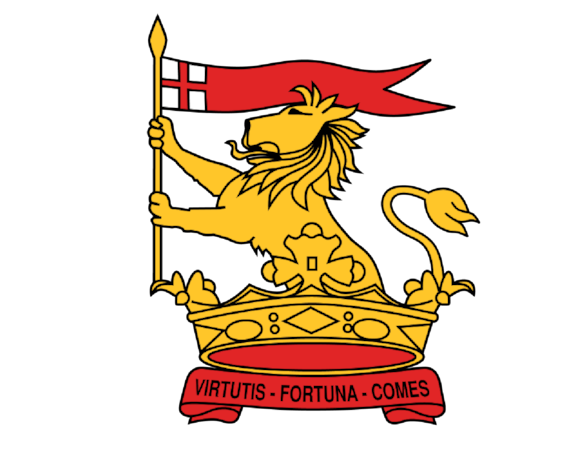 Gold lion holding flag over crown, red banner reads