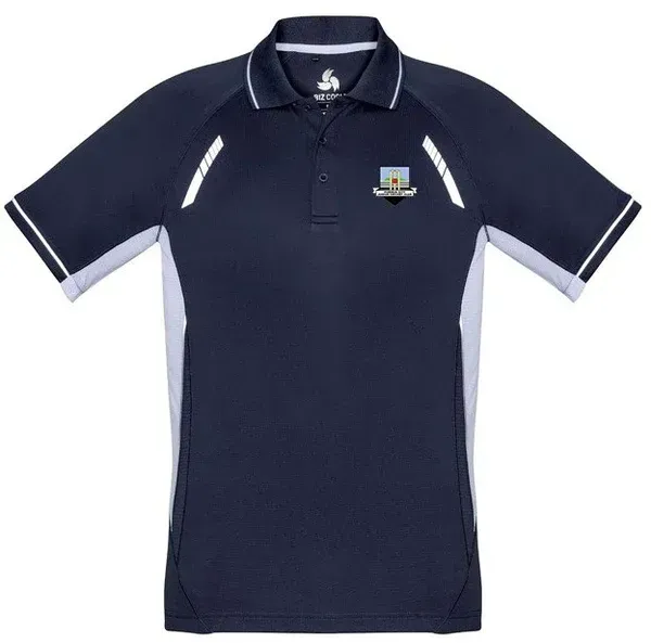 Navy and white school polo shirt with logo on the chest.
