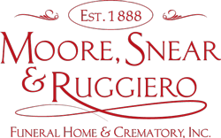 Moore, Snear & Ruggiero Funeral Home & Crematory logo in red with “Est. 1888” text