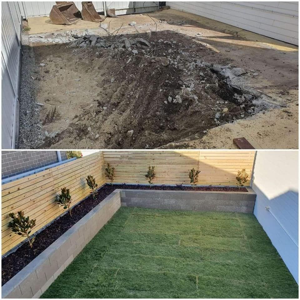 A before and after photo of a backyard being built.