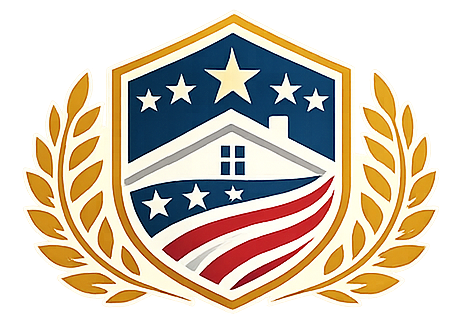 Shield logo with house, stars, and American flag colors, surrounded by golden laurel leaves.