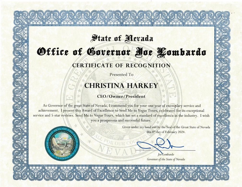 A certificate of recognition from the state of nevada