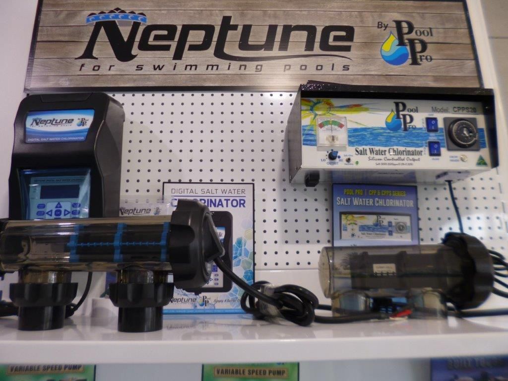 A Shelf With A Sign That Says Neptune For Swimming Pools — Aquatic Pool & Spa Services In Yeppoon, QLD