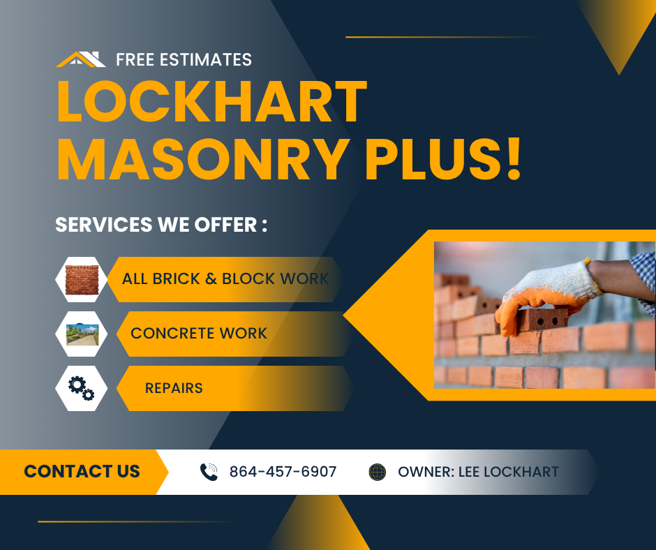 Advertisement for Lockhart Masonry Plus. Offers brick, concrete, and repair services. Features a worker laying brick.