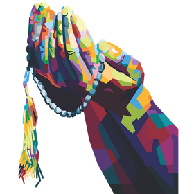 A colorful painting of a hand holding a rosary