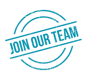 A blue speech bubble that says `` we 're hiring '' on a white background.