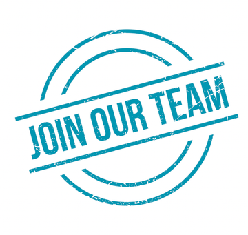 A blue speech bubble that says `` we 're hiring '' on a white background.