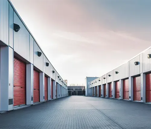 A row of storage units with red doors