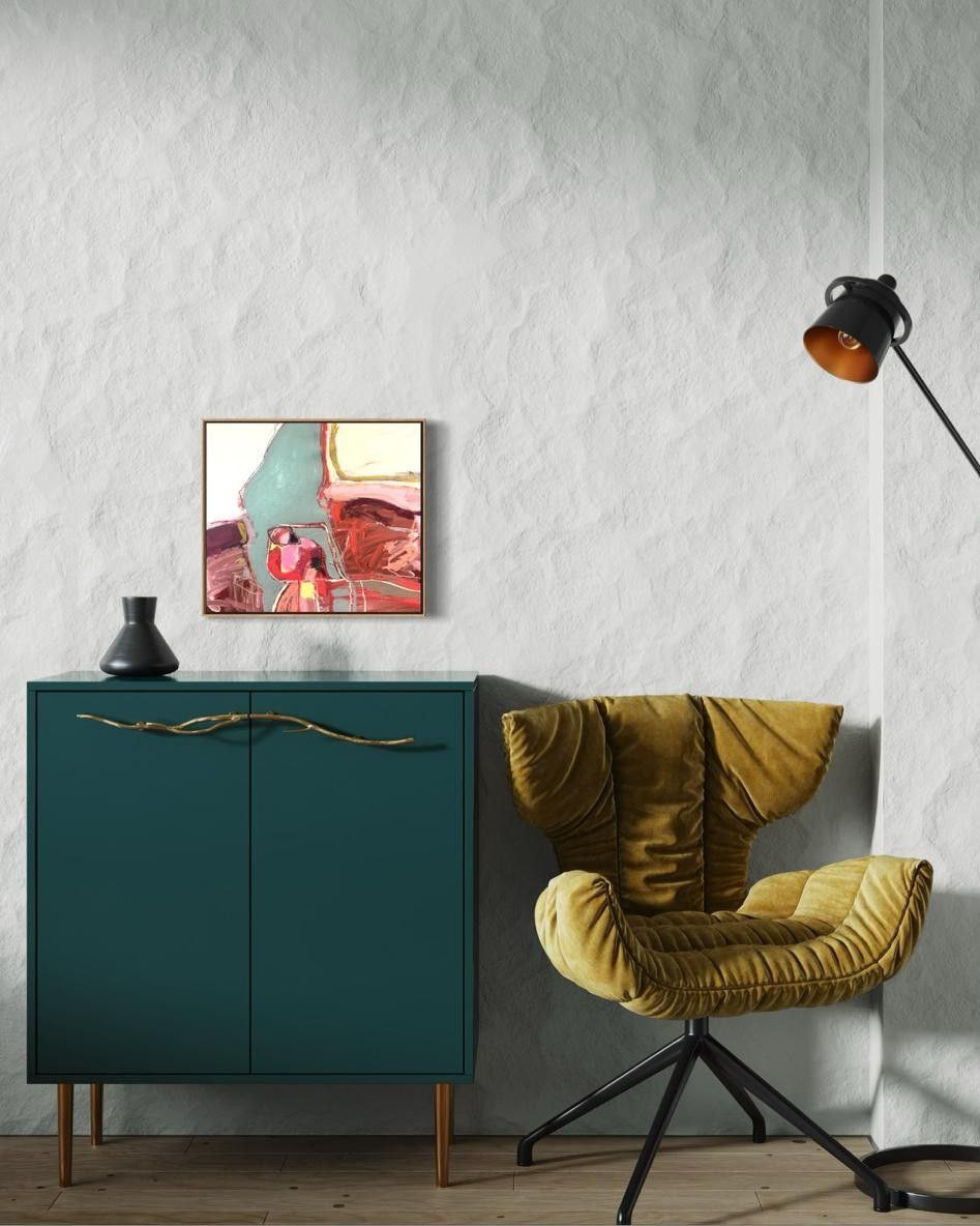 Abstract painting featuring a large teal shape against a cream background, with layered pink, red, and maroon brushwork.