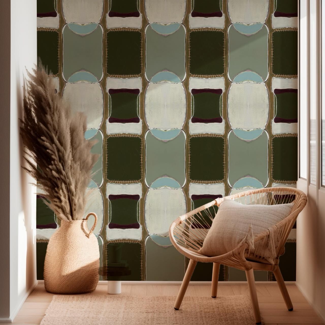 A close-up view of woven fabric featuring a repeating pattern of sage green, dark olive, white, and pale blue circles.