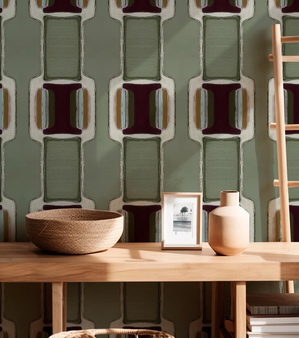 Textile featuring a geometric pattern of dark brown rectangles framed in cream on a sage green background.