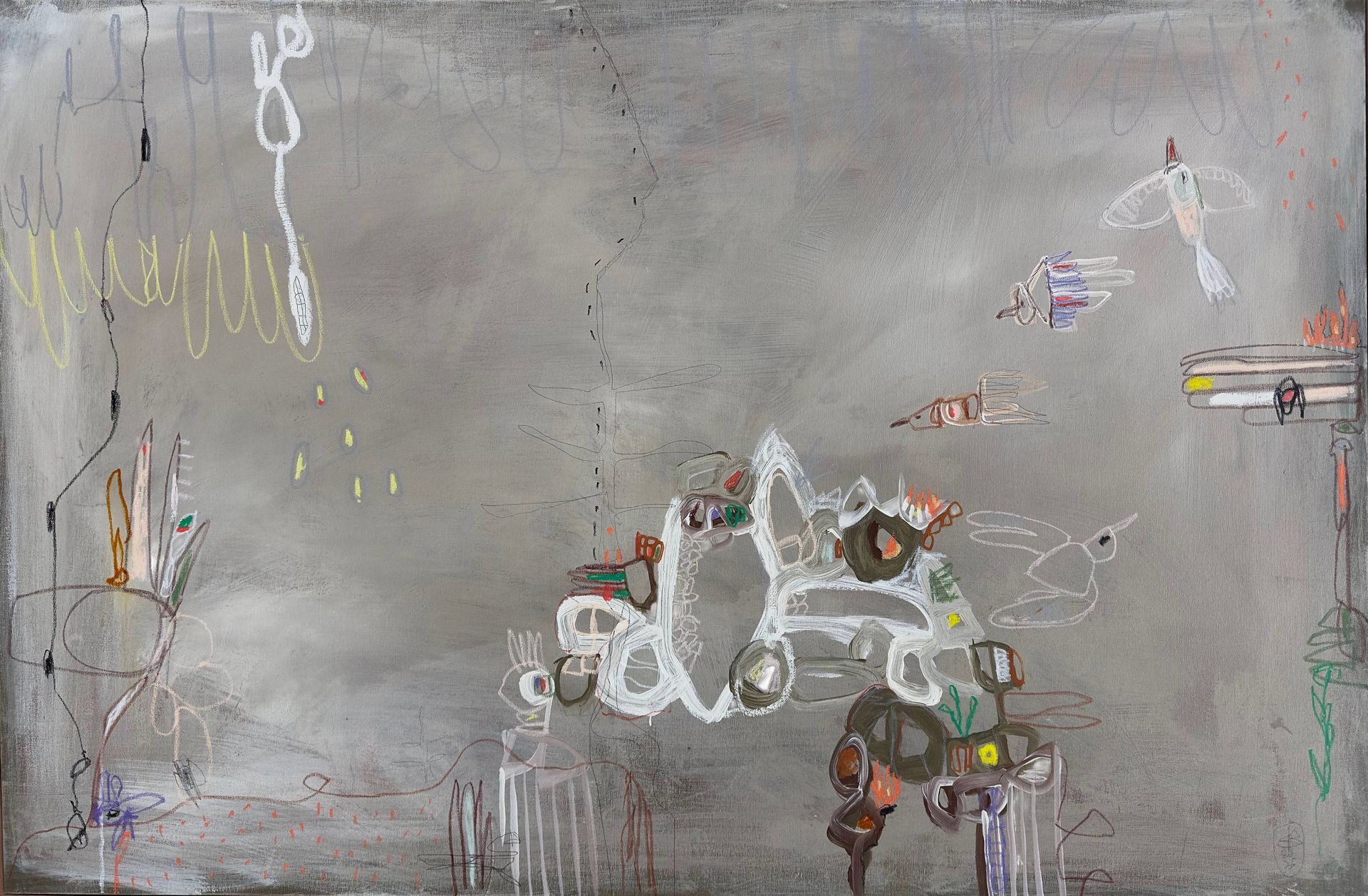 An abstract painting with a muted gray background, featuring floating white line drawings, small figures, and shapes.