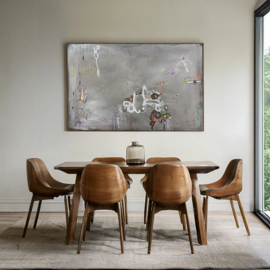 An abstract painting with a muted gray background, featuring floating white line drawings, small figures, and shapes.