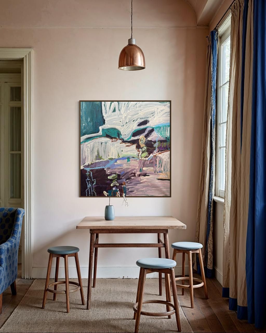 An abstract painting featuring textured white brushstrokes over deep teal, purple, and brown, with loose, colorful shapes.