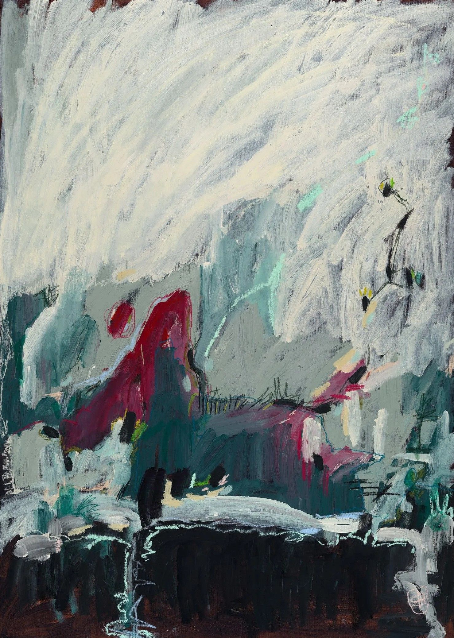 Abstract painting with energetic strokes of white, dark teal, and deep red against a textured, dark background.