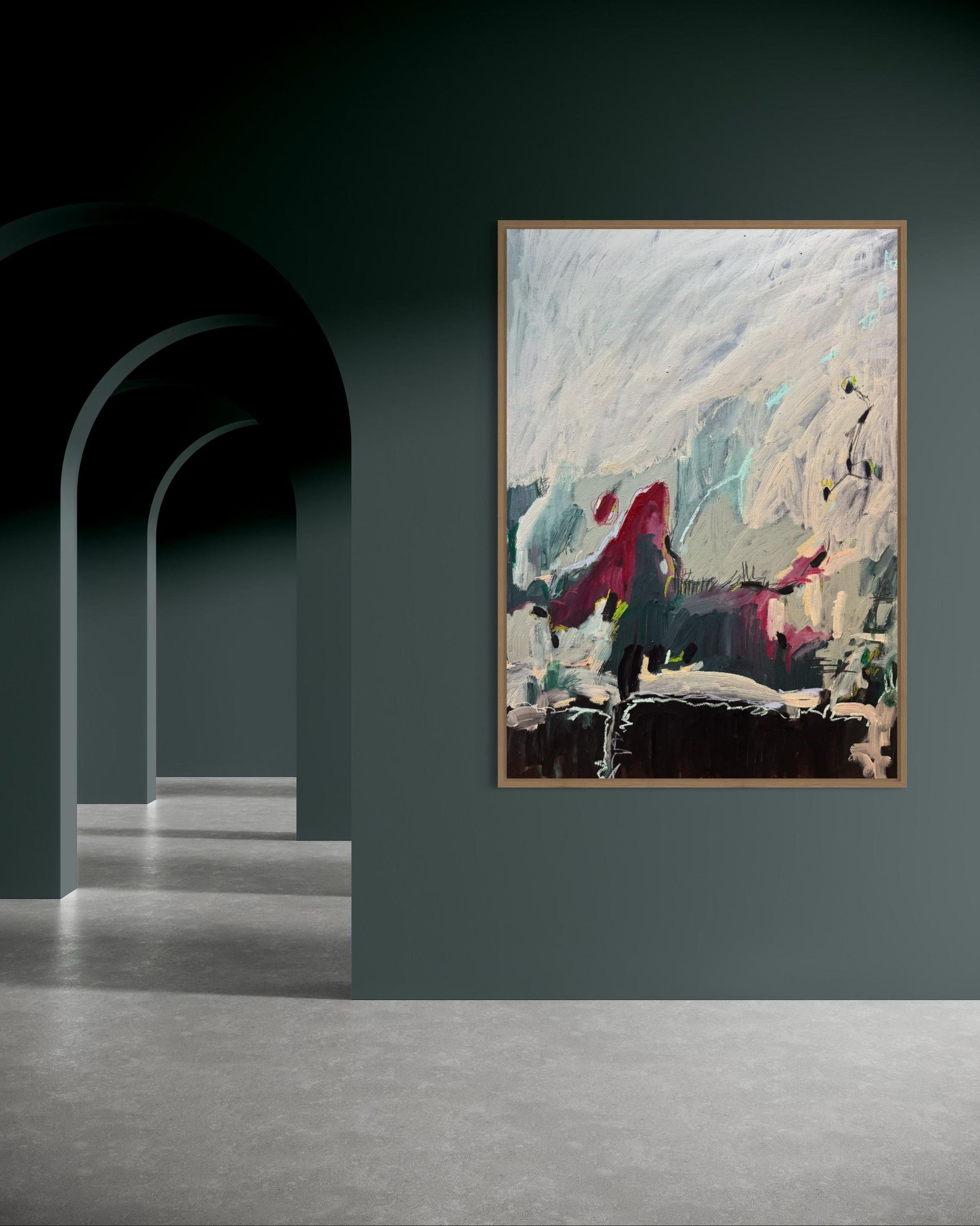 Abstract painting with energetic strokes of white, dark teal, and deep red against a textured, dark background.