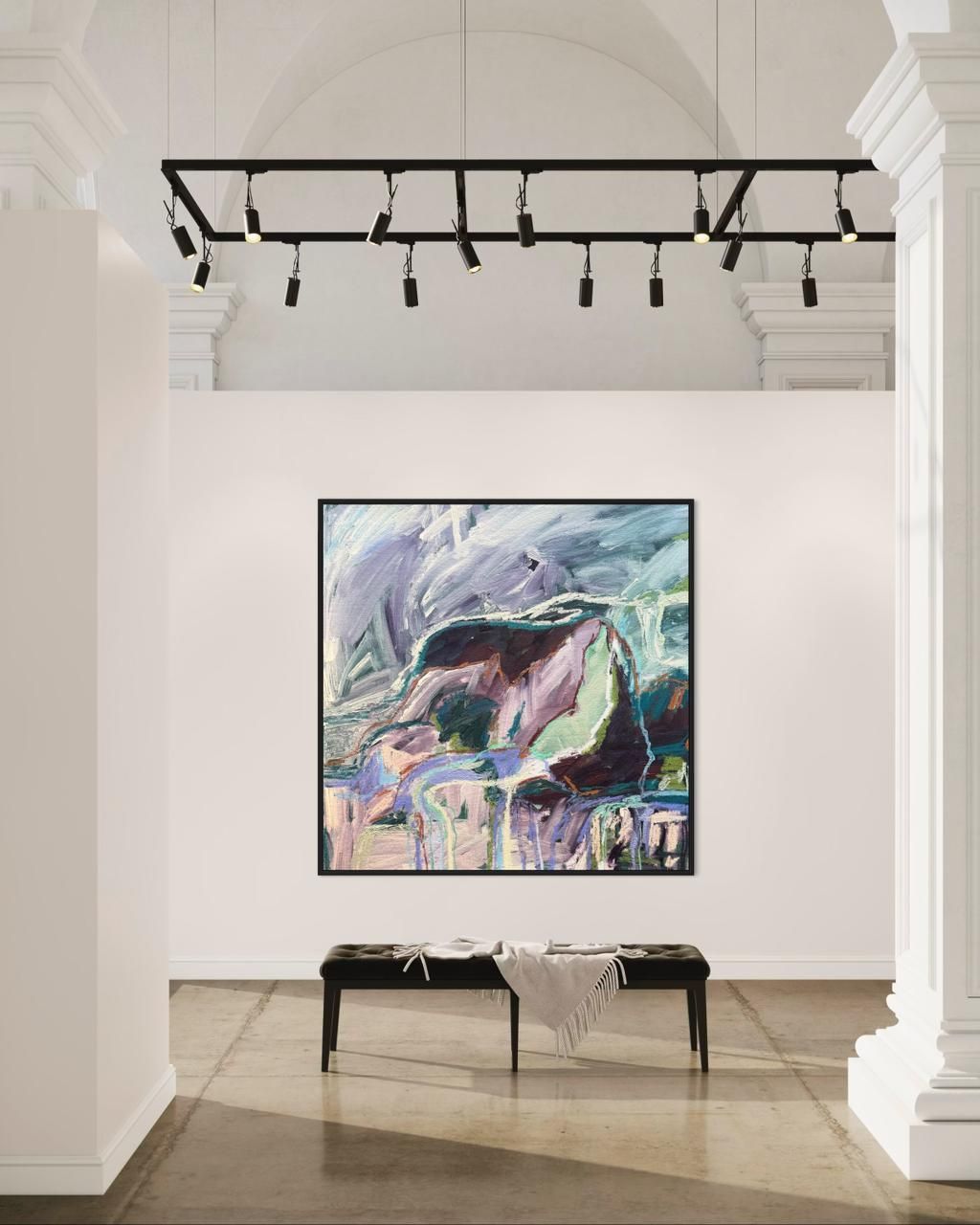 An expressionistic oil painting of a figure curled in a fetal position, rendered in shades of purple, blue, and green.