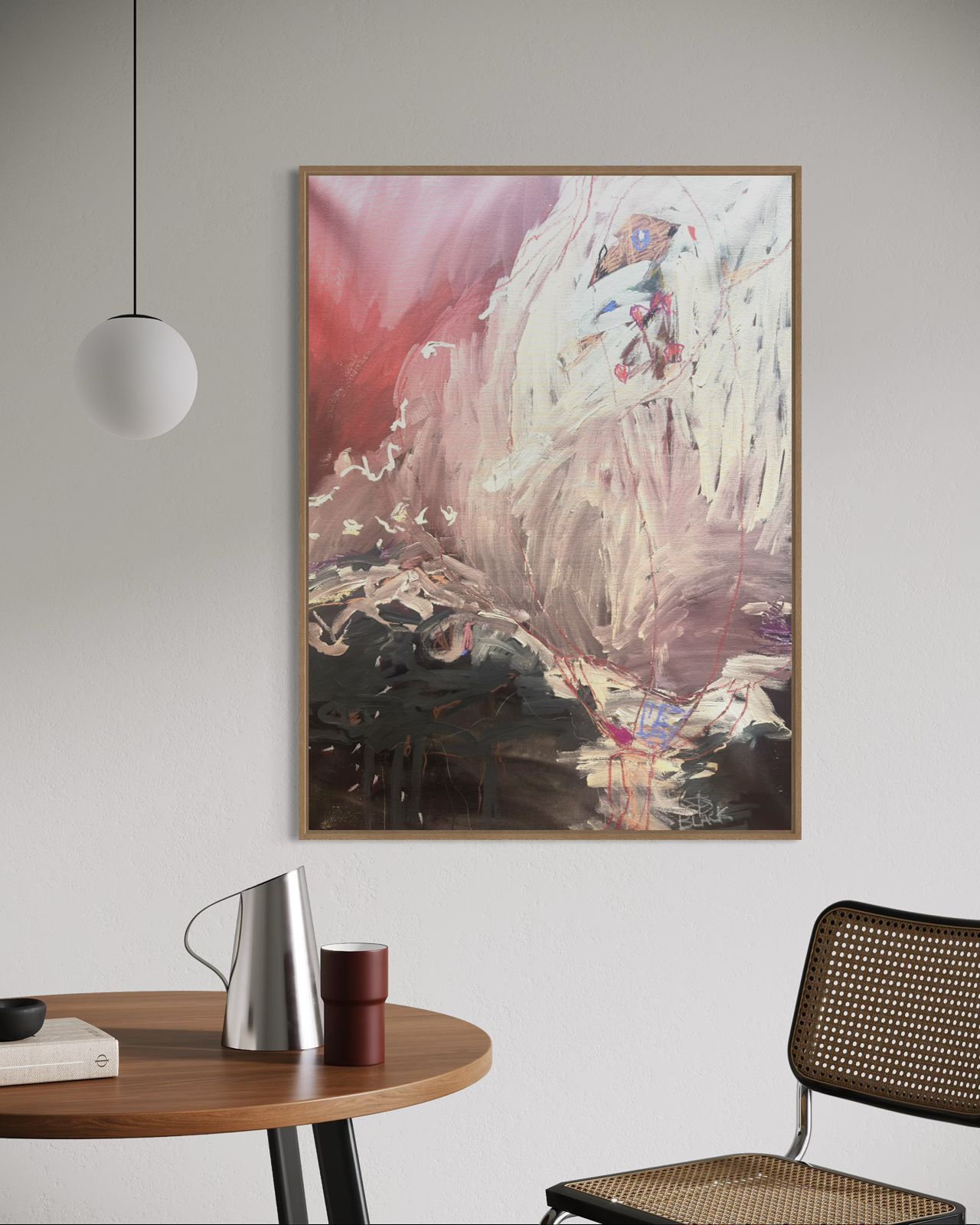 An abstract painting featuring thick, textured white brushstrokes over a deep red and dark gray background with red drips.