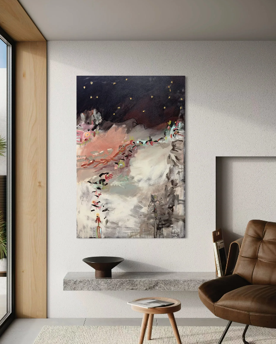 An expressive painting shows a dark, star-filled sky over a textured landscape with abstract, colorful figures and a tower.