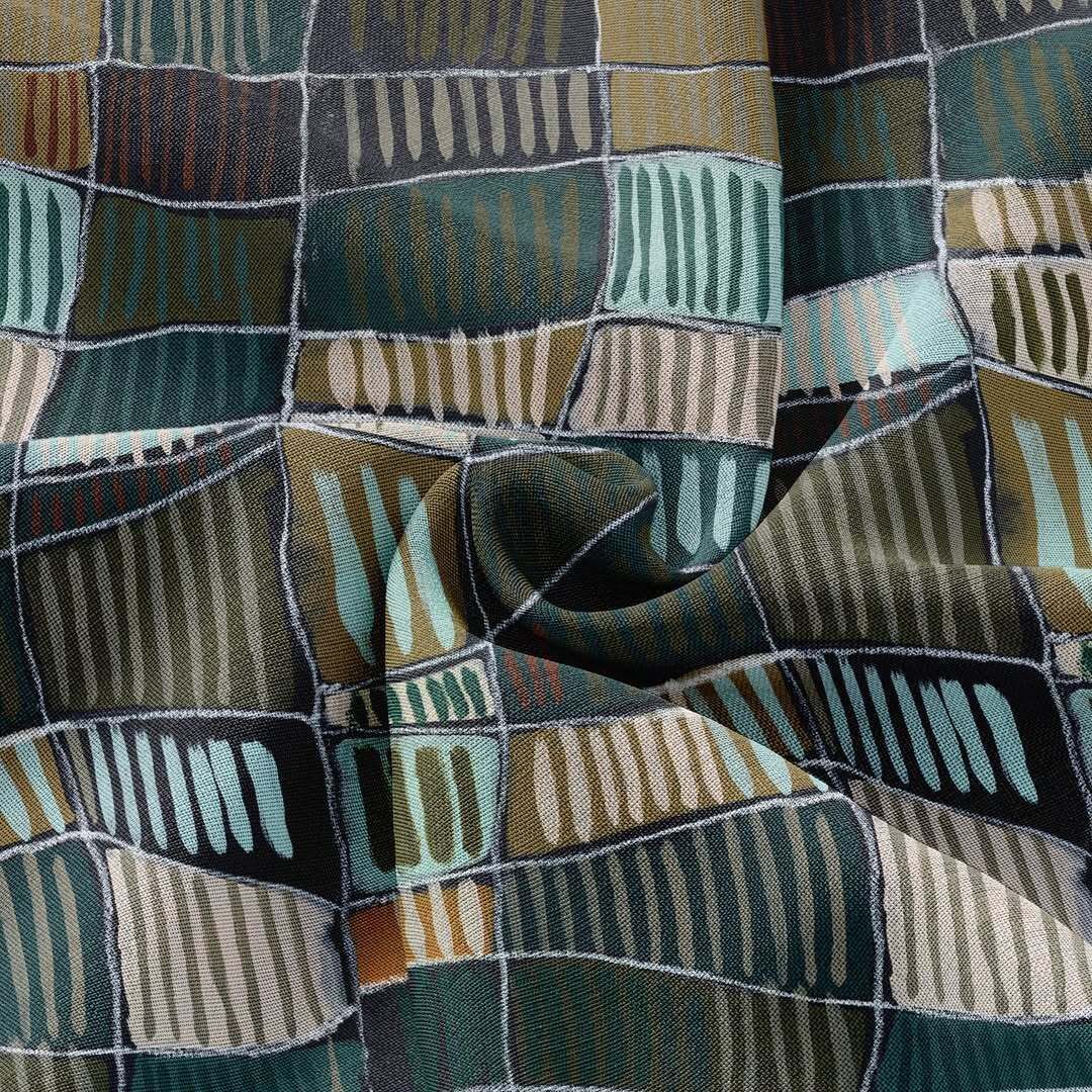 Textile with a checkered pattern of teal, green, brown, and grey rectangles, featuring vertical textured stripes.