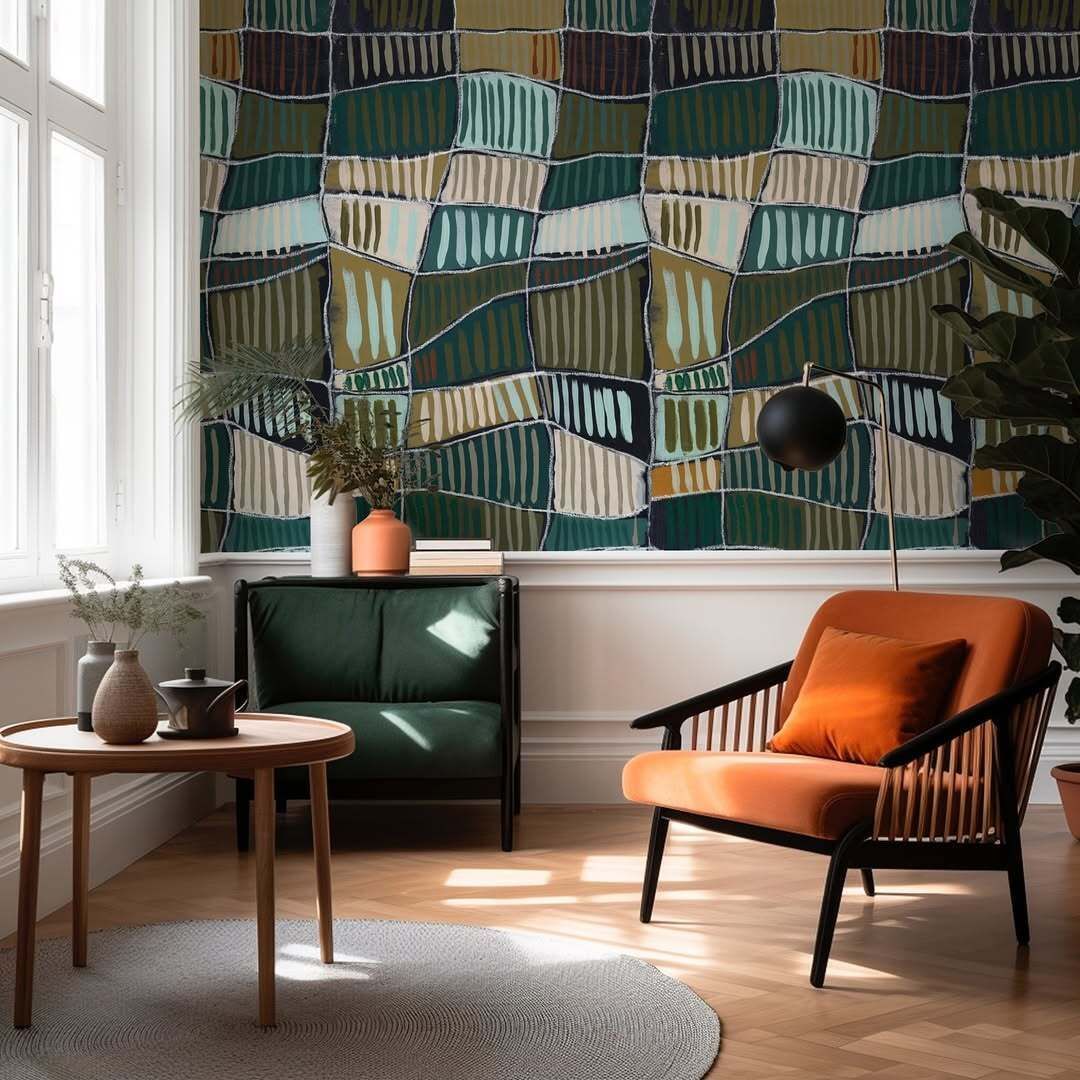 Textile with a checkered pattern of teal, green, brown, and grey rectangles, featuring vertical textured stripes.