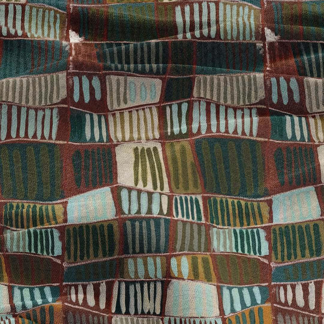 A grid-like textile pattern featuring textured, rectangular blocks in varying shades of teal, brown, olive, and cream.