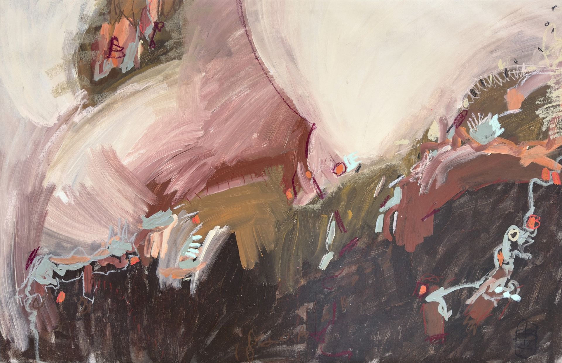 An abstract painting featuring sweeping, expressive brushstrokes in shades of mauve, brown, cream, and dark charcoal.