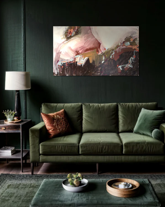 An abstract painting featuring sweeping, expressive brushstrokes in shades of mauve, brown, cream, and dark charcoal.