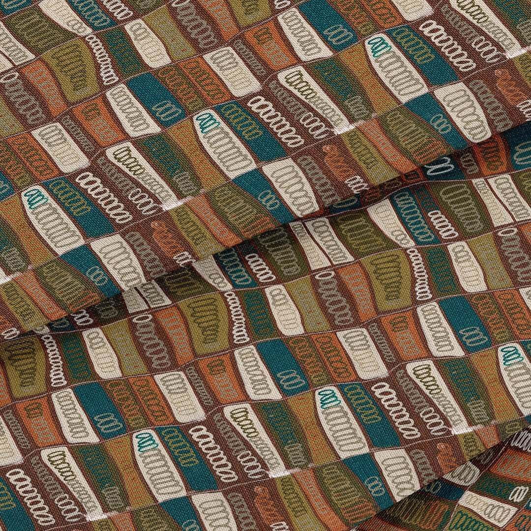 A repeating geometric pattern of textured, alternating rectangular shapes in shades of teal, brown, and cream.