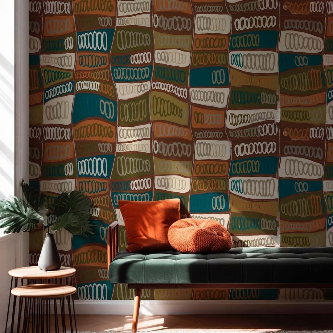 A repeating geometric pattern of textured, alternating rectangular shapes in shades of teal, brown, and cream.