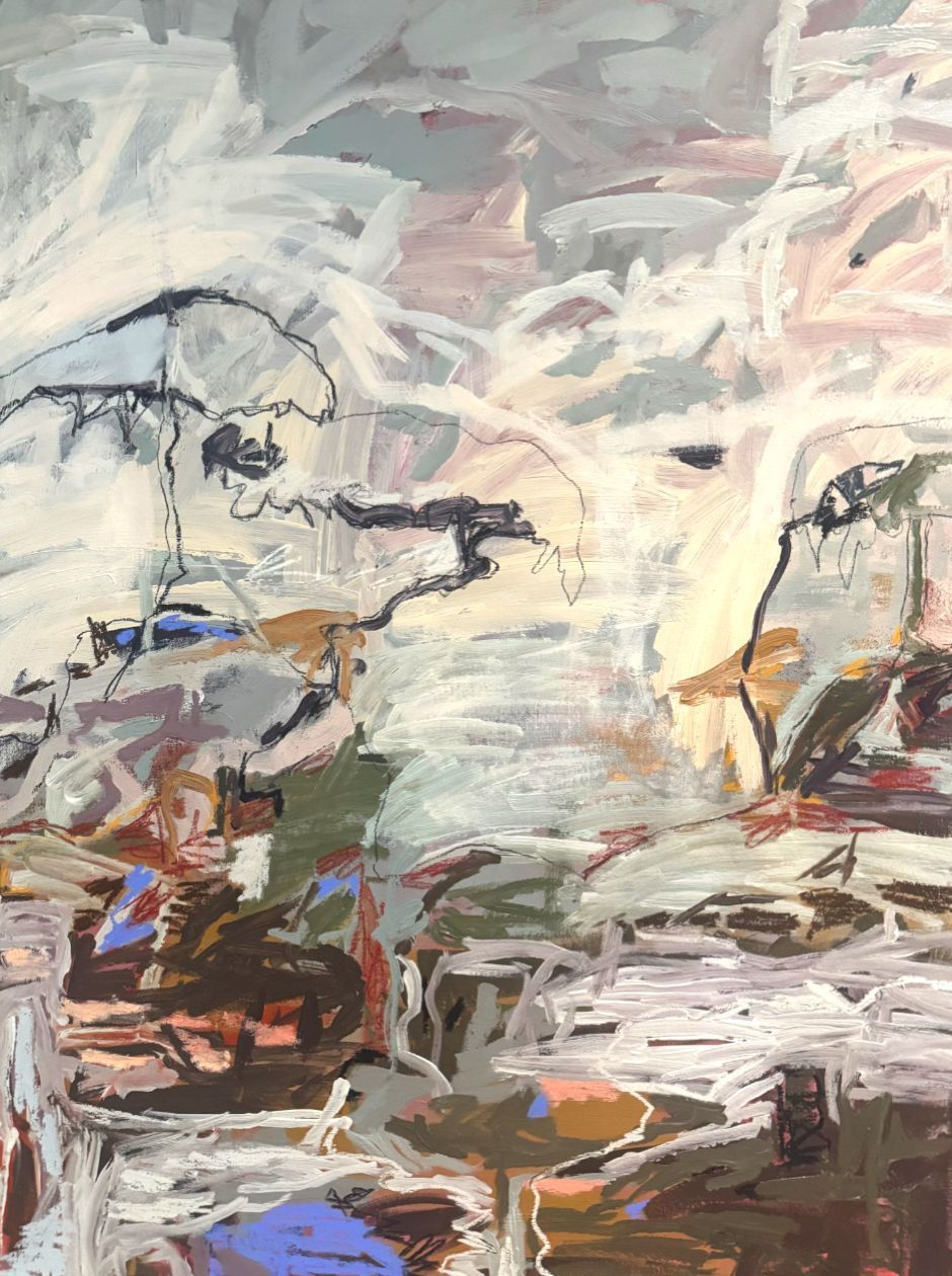 An abstract expressionist painting featuring gestural, layered brushstrokes in muted blues, whites, grays, and earth tones.