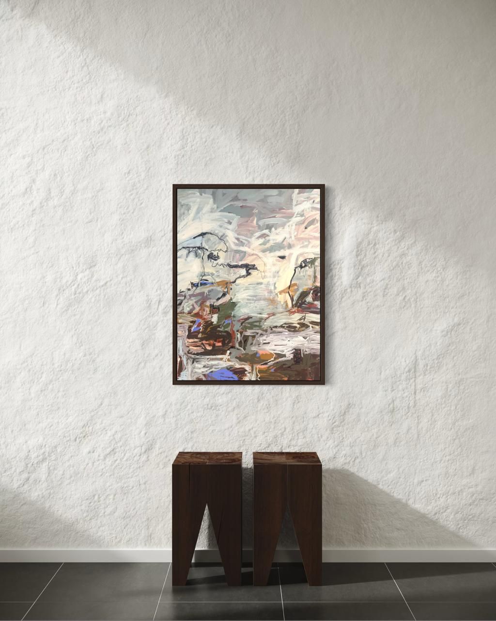 An abstract expressionist painting featuring gestural, layered brushstrokes in muted blues, whites, grays, and earth tones.