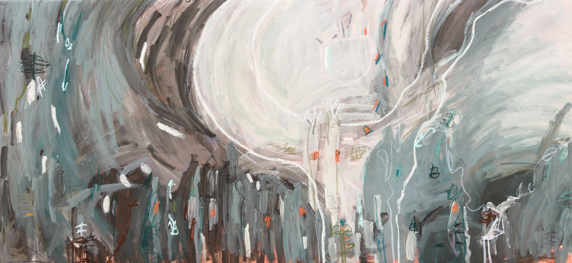 Abstract painting with swirling, expressive brushstrokes in shades of slate blue, dark gray, and soft white.