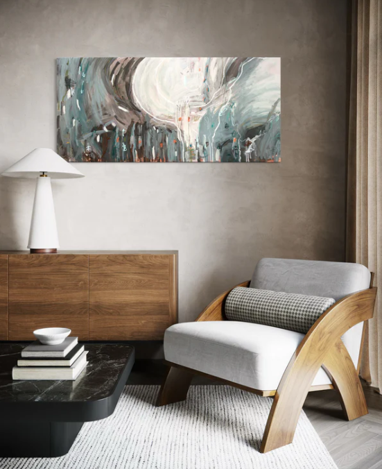 Abstract painting with swirling, expressive brushstrokes in shades of slate blue, dark gray, and soft white.