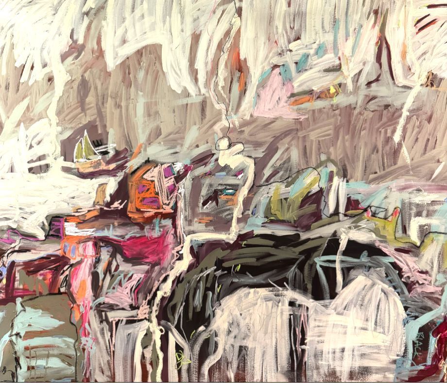 An abstract painting with expressive, thick brushstrokes in shades of white, brown, black, pink, and muted blue.