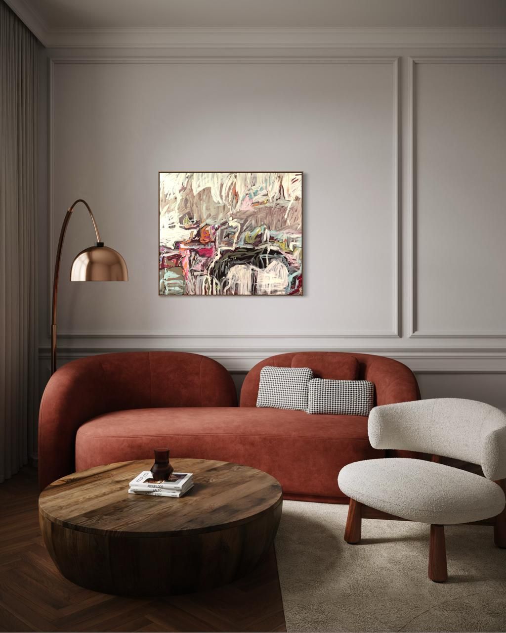 An abstract painting with expressive, thick brushstrokes in shades of white, brown, black, pink, and muted blue.