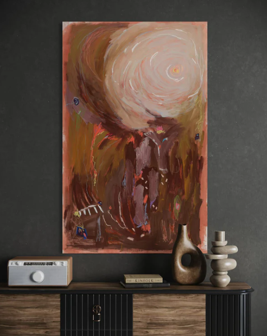 An abstract oil painting with a swirling light-colored orb above vertical, textured brushstrokes of brown and plum.