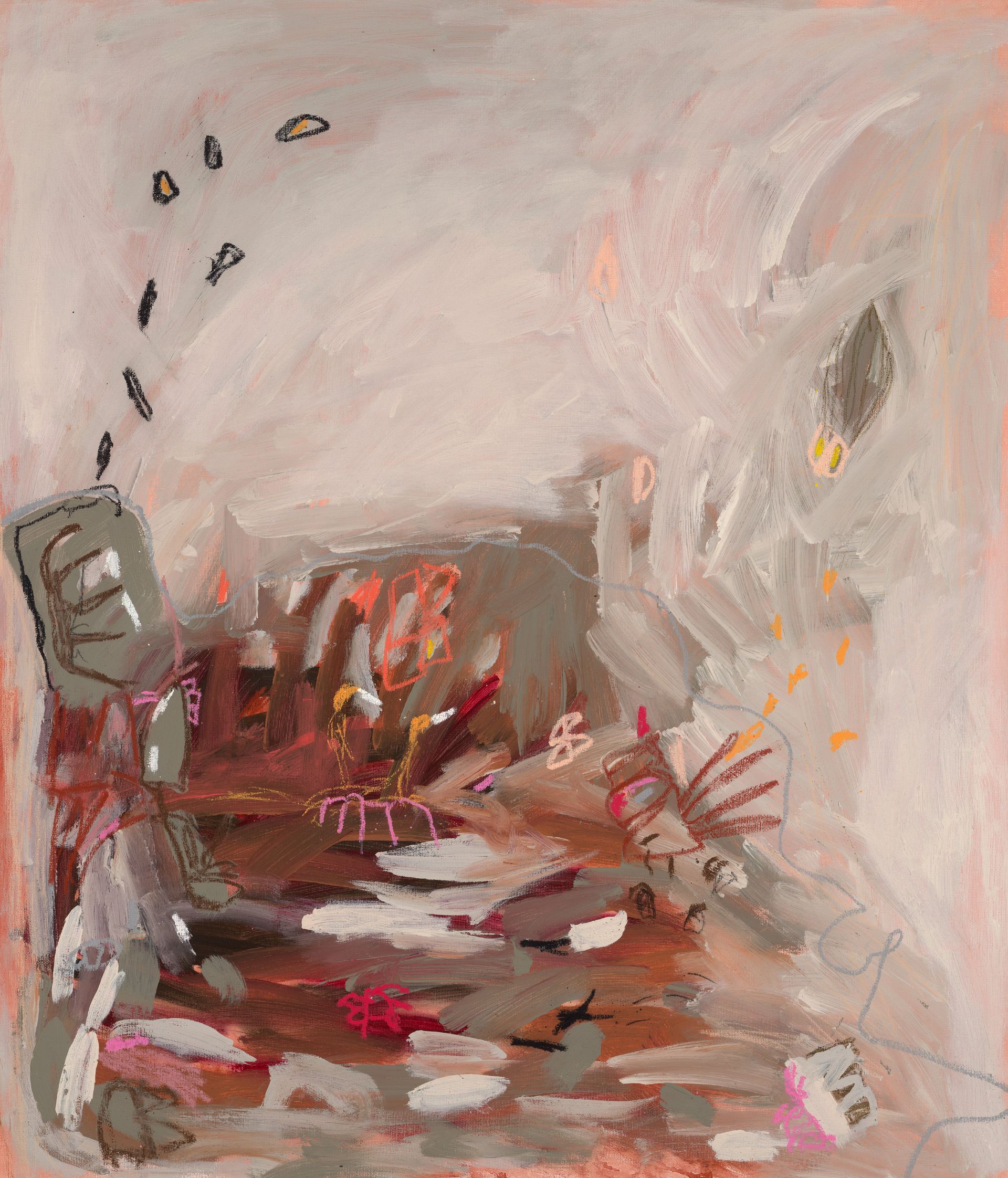 An abstract painting in muted pinks and browns featuring a textured, figure-like form and scattered, sketch-like marks.