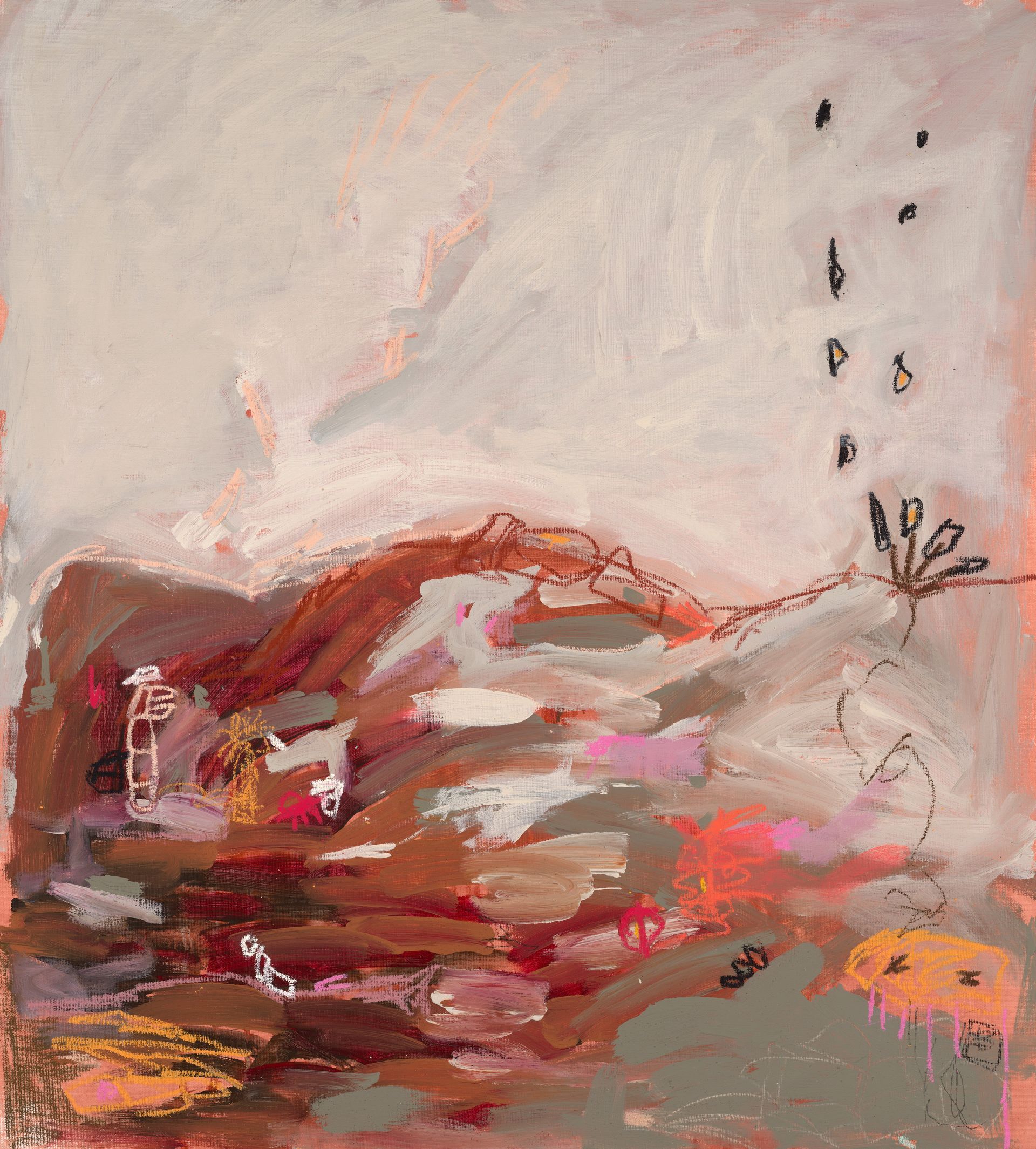 Abstract painting with muted earth tones, soft pinks, and gestural marks, featuring a central dark, undulating shape.