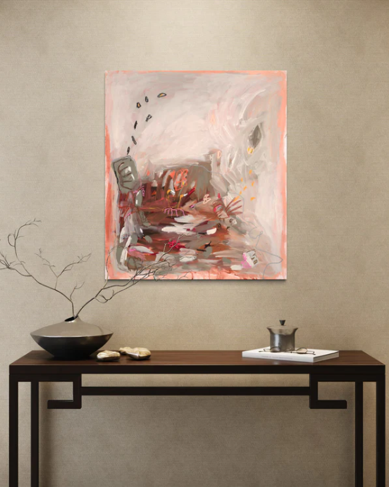 An abstract painting in muted pinks and browns featuring a textured, figure-like form and scattered, sketch-like marks.