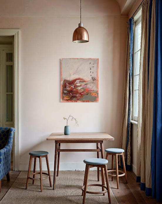 Abstract painting with muted earth tones, soft pinks, and gestural marks, featuring a central dark, undulating shape.