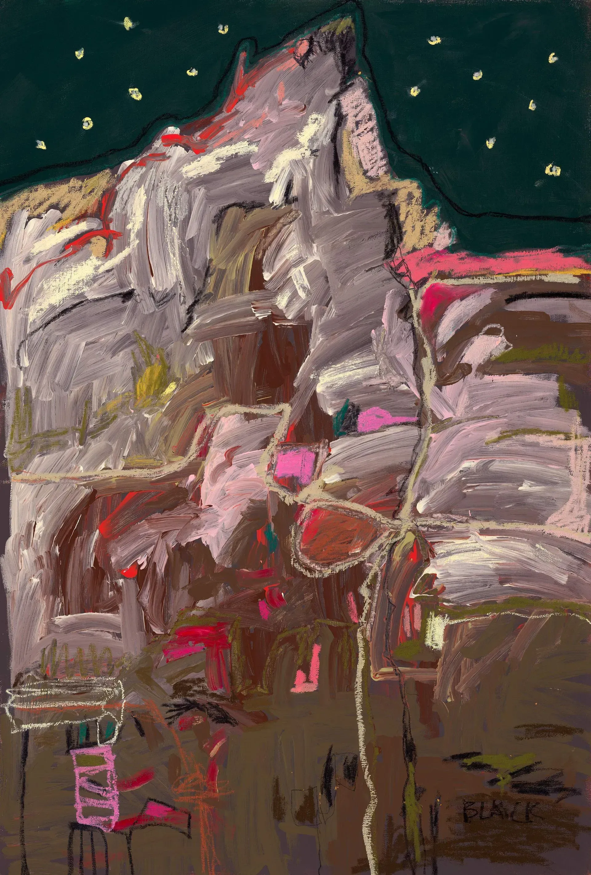 An abstract oil pastel painting of a large, jagged mountain under a dark starry sky, rendered in shades of grey and pink.