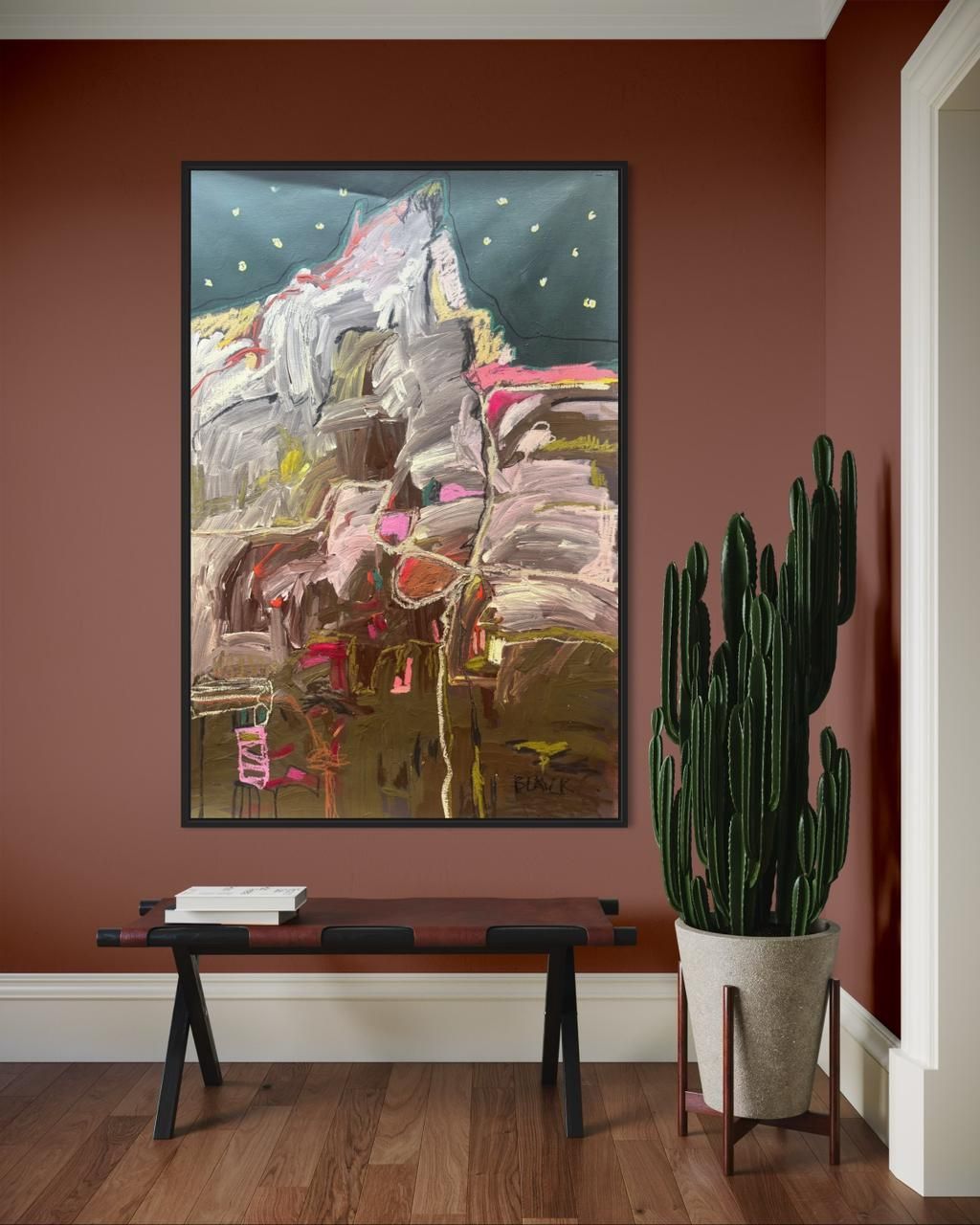 An abstract oil pastel painting of a large, jagged mountain under a dark starry sky, rendered in shades of grey and pink.