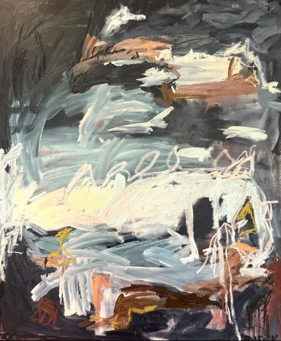 Abstract mixed media painting in dark grey, teal and terracotta with sweeping gestural brushwork and small figurative marks by Bianca Black