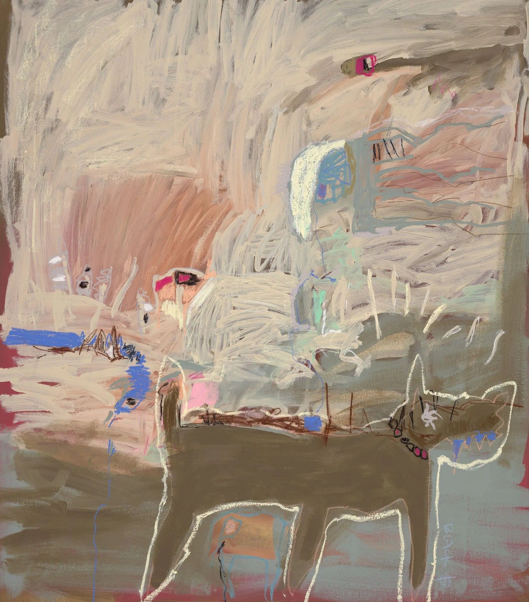 Abstract expressionist painting featuring a brown, cat-like figure outlined in white against a textured, neutral background.