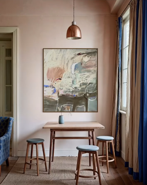 Abstract expressionist painting featuring a brown, cat-like figure outlined in white against a textured, neutral background.